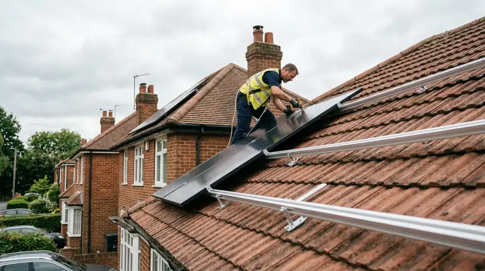 Goodwill electrician installing a solar panel on a UK home.