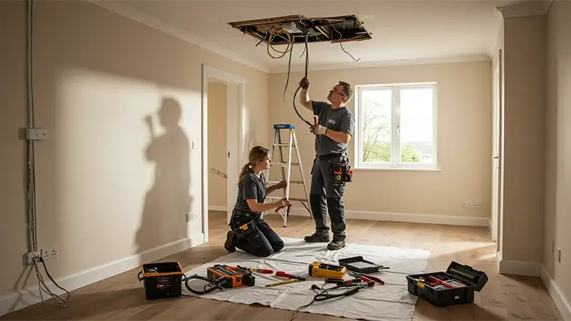 An image of two Goodwill Electrical electricians rewiring a house.