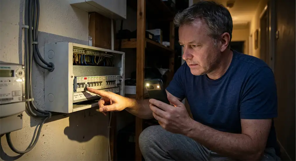 An image of a man about flip a switch on a domestic fuse board in his home. He is using his smartphone as a flashlight to see the fuse board.
