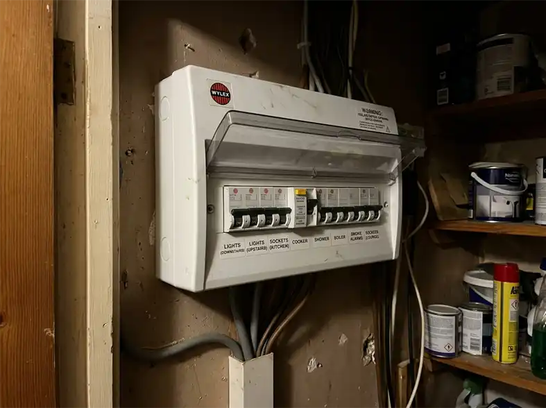 An image of a fuse board in a UK home.
