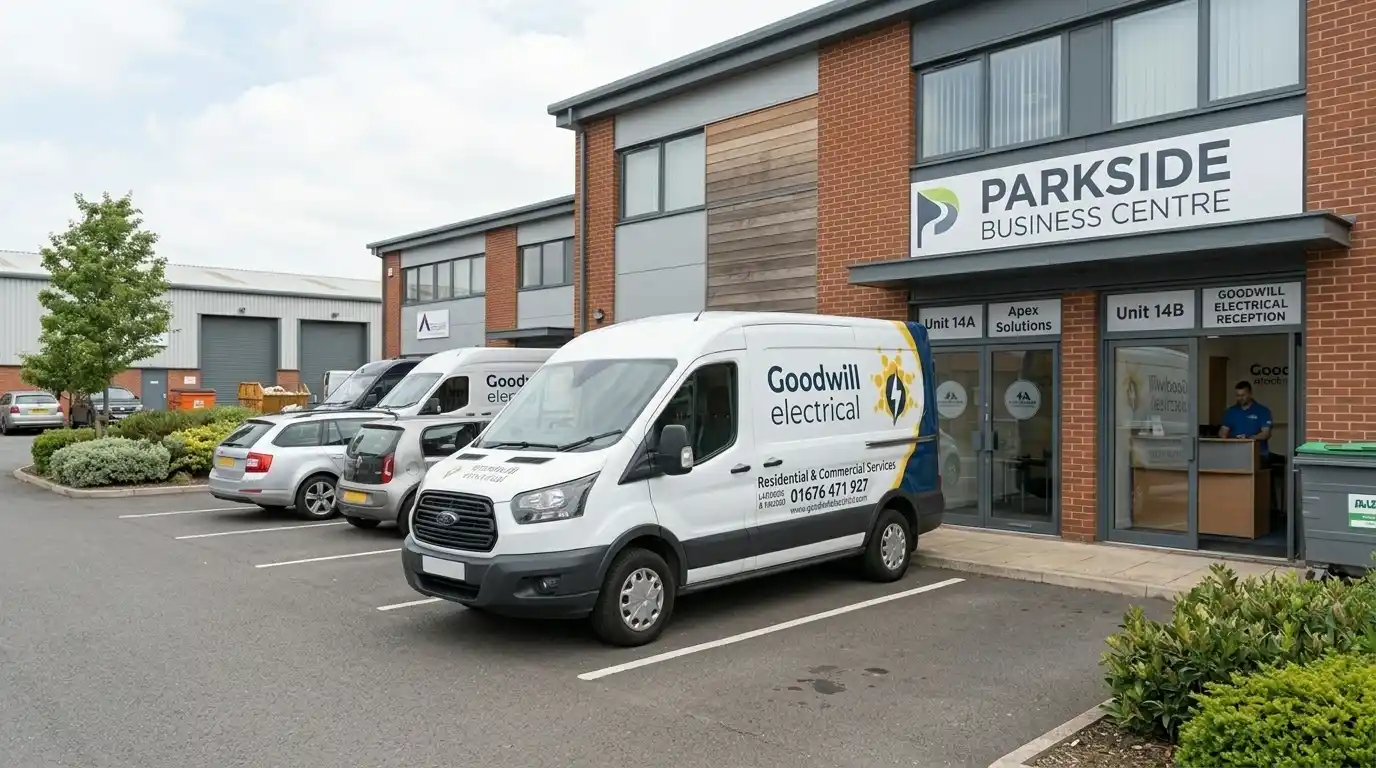 Goodwill electrical branded van parked outside a client's business who has asked for help.