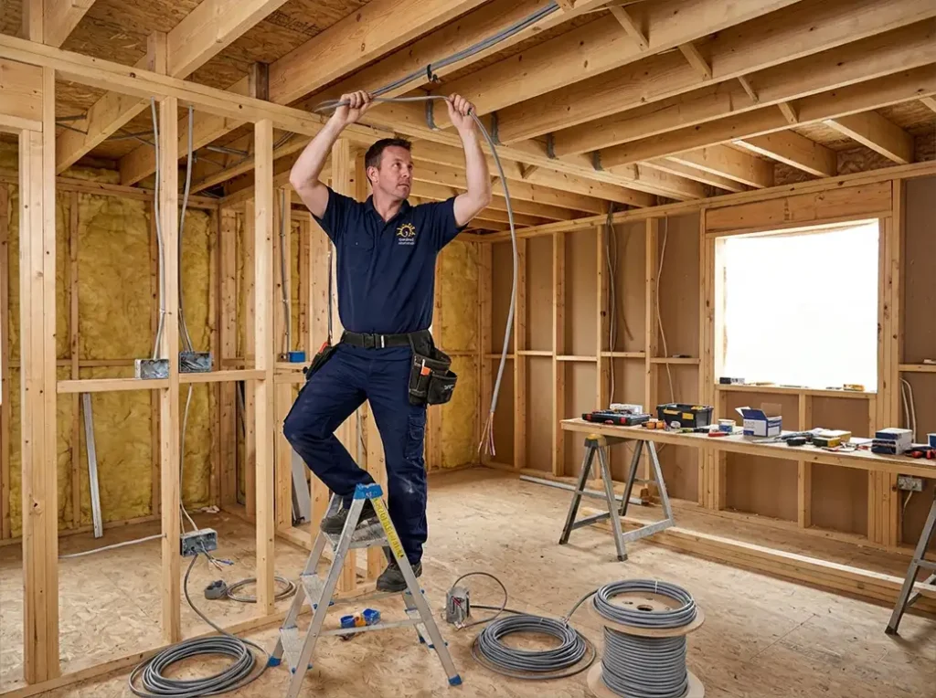 An image of a goodwill electrician adding wiring to a house extension. 